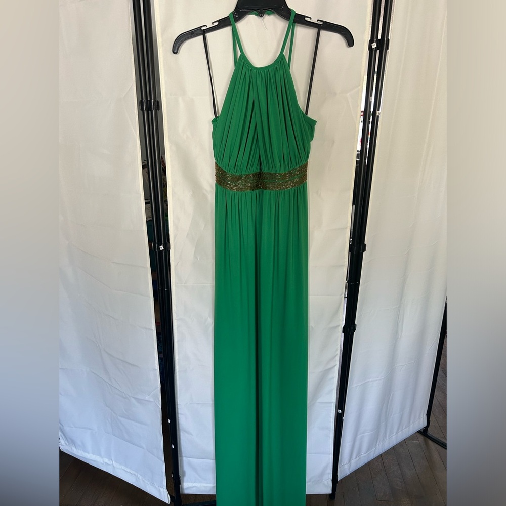 B. Darlin Emerald Green Maxi Formal Dress with Gold Embelishment